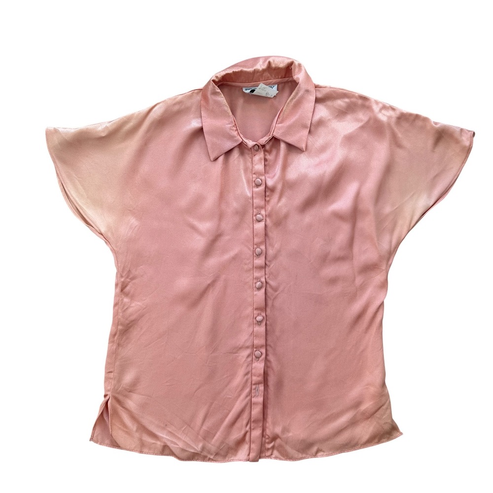 Prophecy Vintage 70s Satin Blouse Dolman Sleeve Button Up Top 10 Peach bat wing